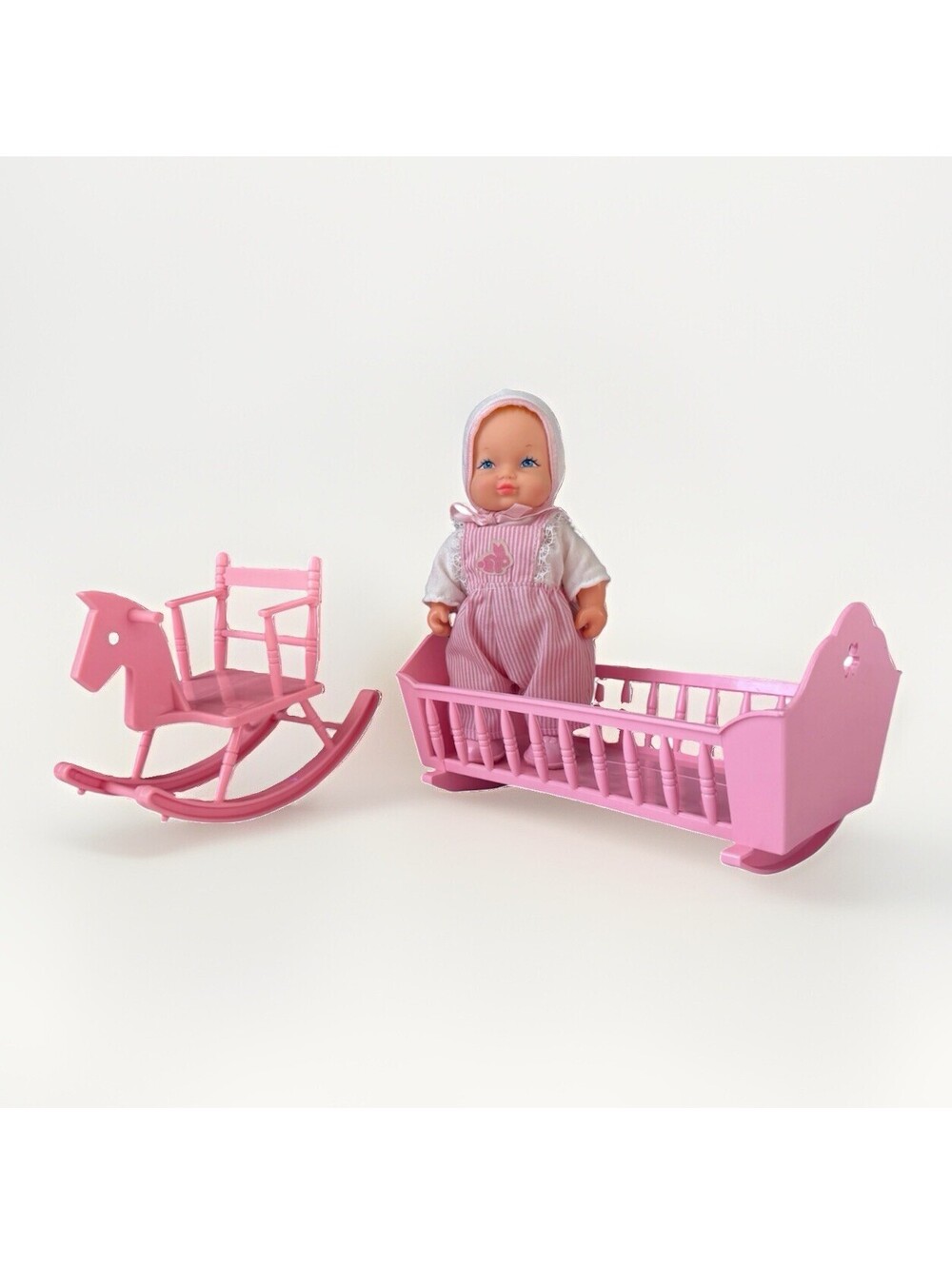 Vintage 1988 Galoob Bouncin’ Babies Doll w/Rocking Crib & Rocking Horse Chair